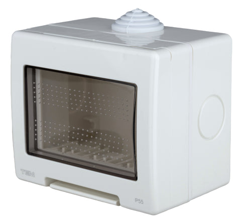 Outdoor surface mount box, IP55, transparent lid, 3M, white