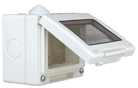 Outdoor surface mount box, IP55, transparent lid, 3M, white