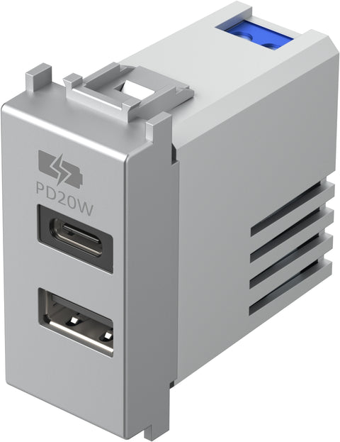 USB 2-gang power supply, 20W, 5V, 3A, 1M, silver