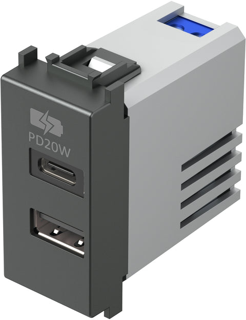 USB 2-gang power supply, 20W, 5V, 3A, 1M, anthracite