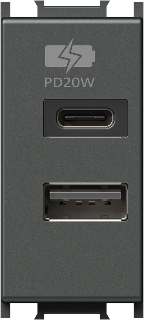 USB 2-gang power supply, 20W, 5V, 3A, 1M, anthracite