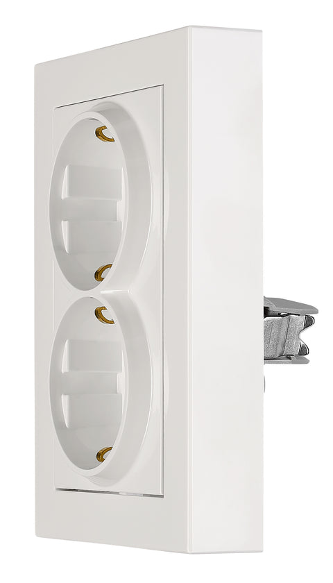 Priză dublă completă cu protecție, cleme cu șurub, albă