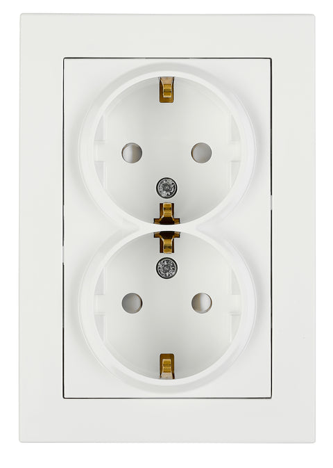 Priză dublă completă cu protecție, cleme cu șurub, albă