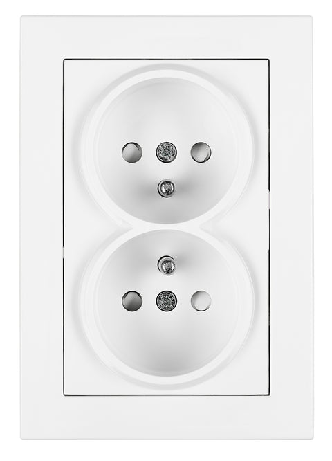 Priză dublă completă cu pin, 2xPE, cleme cu șurub, albă