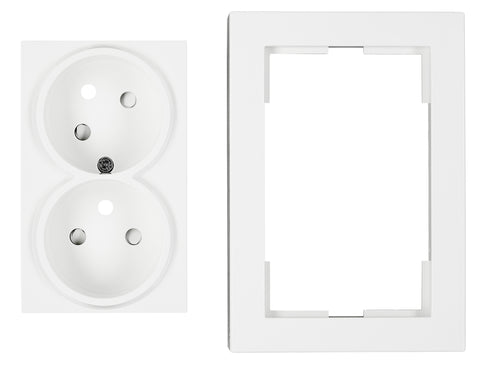 Priză dublă completă cu pin, 2xPE, 1 priza 45°, albă