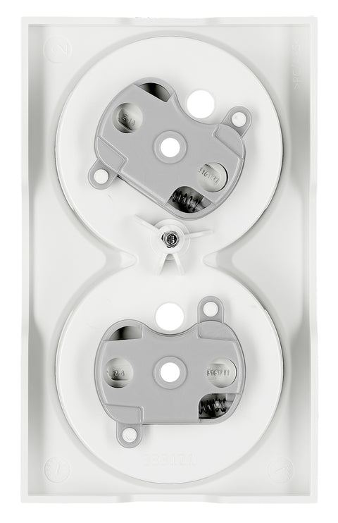 Priză dublă completă cu pin, 2xPE, 1 priza 45°, albă