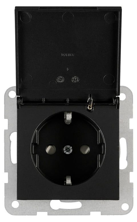 Socket outlet, flap cover, screw clamps, black