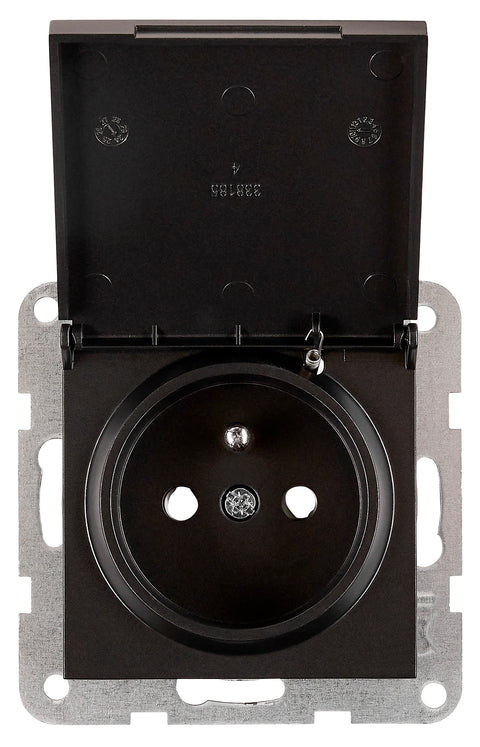 Pin socket outlet with safety shutter, lid, screw, black