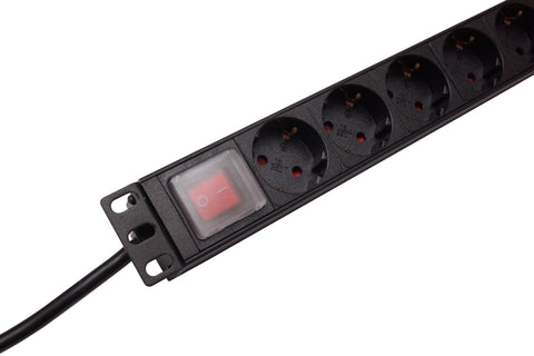 PDU 9x Schuko, 19", 1U, cablu 2m,comutator on/off negru,ALU