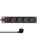 PDU 10", 4x Schuko, 1U, cablu 2m, comutator, Negru, ALU