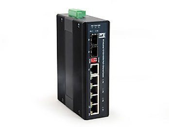 Switch 4xRJ45 (PoE+) + 1xRJ45/SFP + 1xSFP, 126W, șină DIN