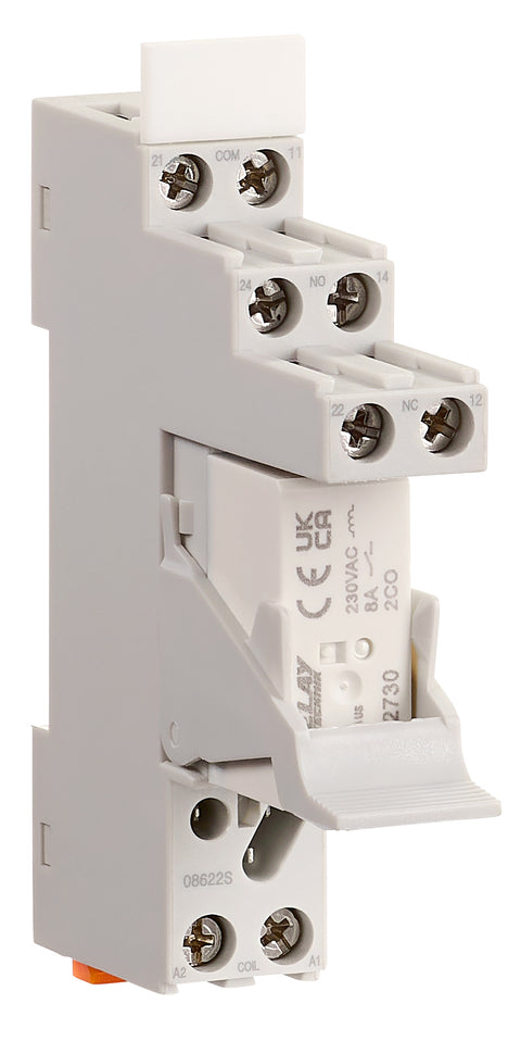 SET: PCB Relay, 2 CO, 8A, 230VAC, 5mm/Socket/Retaining clip