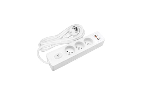 Power strip Pin 3-way, Shut/Switch, USB A+C PD, 5m cable, w