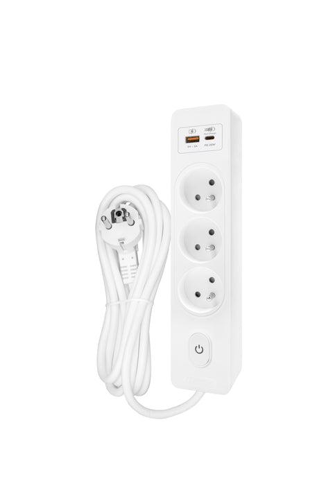 Power strip Pin 3-way, Shut/Switch, USB A+C PD, 5m cable, w
