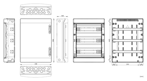 Distribution Board 3-row, 54MW, IP65, transparent door