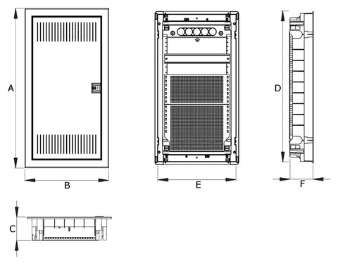 Media combi frame and door, vertical 5-rows, 3 DIN-rails
