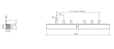 Baretă 3 poli cu lamele 16 mm², pas de 27mm, 1m