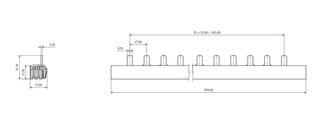 Baretă 4 poli cu lamele 35 mm², pas de 27mm, 1m,