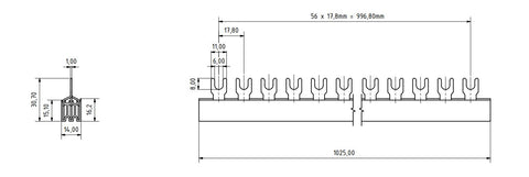 Baretă cu contacte furcă 10 mm?, 3P, L1/L2/L3,1m