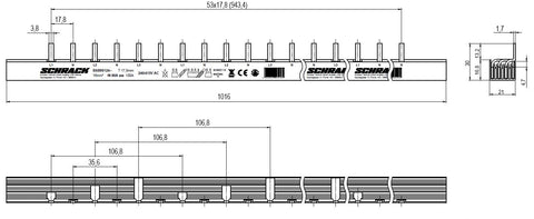 Busbar Pin Version L1/N/L2/N/L3/N, 4-pole, 16mm², 1m