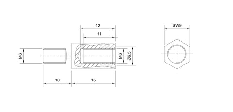 Distance bolt M6/WAF9, H=15mm