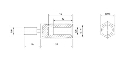 Distance bolt M6/WAF9, H=20mm