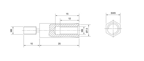 Distance bolt M6/WAF9, H=25mm