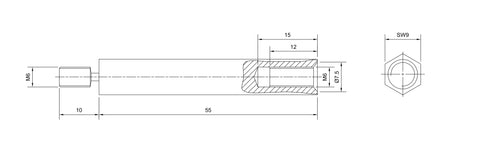 Distance bolt M6/WAF9, H=55mm