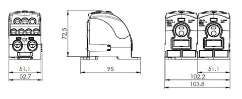 Main branch terminal,1p.,400A, 1x120 + 2x35 + 3x25 + 4x16mm²