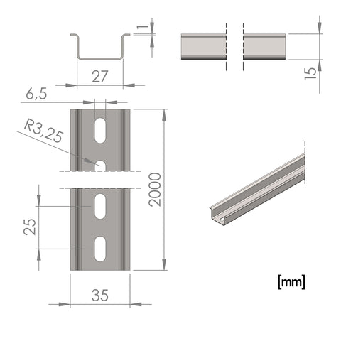 DIN-rail high, Long Hole 18x6.3mm, sendzimir zinced