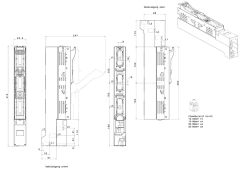 Separator măr. 00, 3poli, 160A, sistem de 100mm, cleme ramă