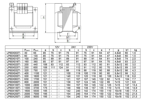 Transformator de comandă monofazat, 230V/12V, 30 VA, IP00