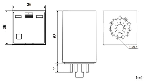 Releu broşabil, 11 pini, 3 CC, 220V c.c., 10A