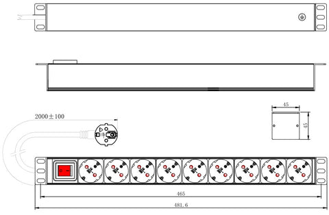PDU 9x Schuko, 19", 1U, cablu 2m,comutator on/off negru,ALU