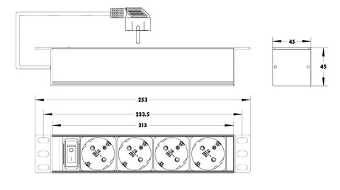 PDU 10", 4x Schuko, 1U, cablu 2m, comutator, Negru, ALU