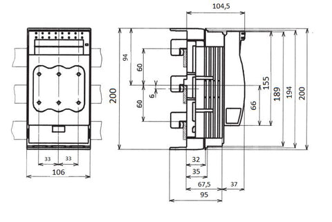 Suport portfuzibili cu montaj pe bară 70-100A (29 x 118)
