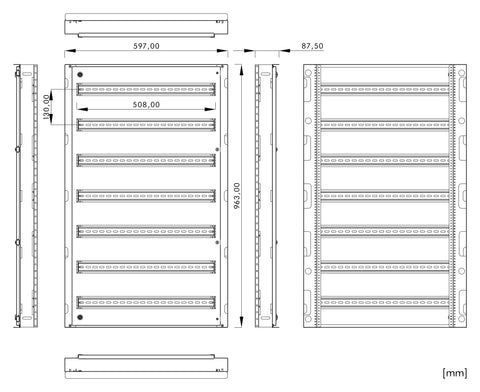Cadru modular 7 rânduri x 27 mod., pe balamale, cu şine DIN