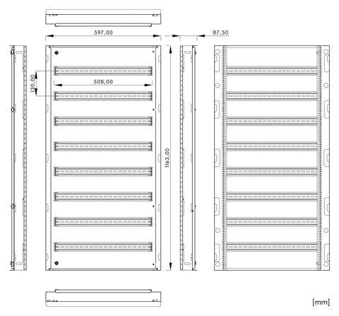 Cadru modular 8 rânduri x 27 mod., pe balamale, cu şine DIN