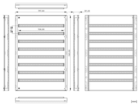 Cadru modular 8 rânduri x 39 mod., pe balamale, cu şine DIN